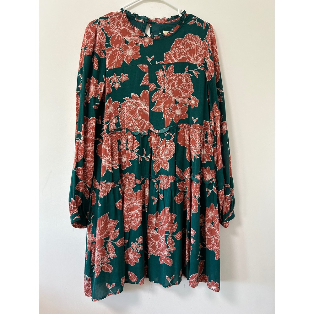 Maeve Anthropologie Esther Teal Floral Tiered Babydoll Mini Dress Small